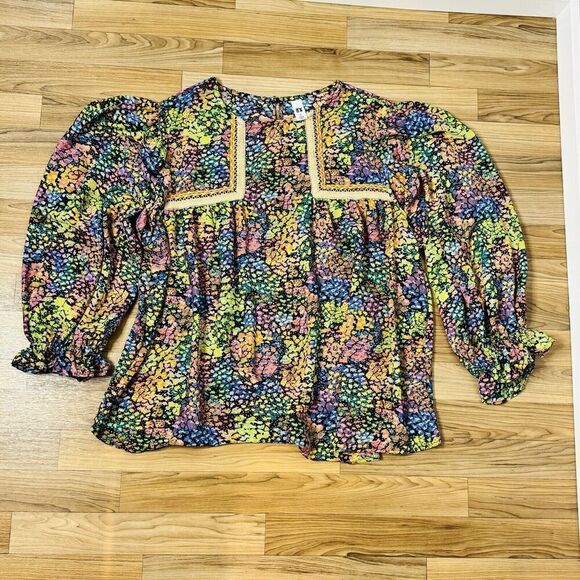 It’s Women's Plus 2XL Multicolor Blouse Ballon Sleeves Abstract Colorful Scoop - Picture 7 of 14